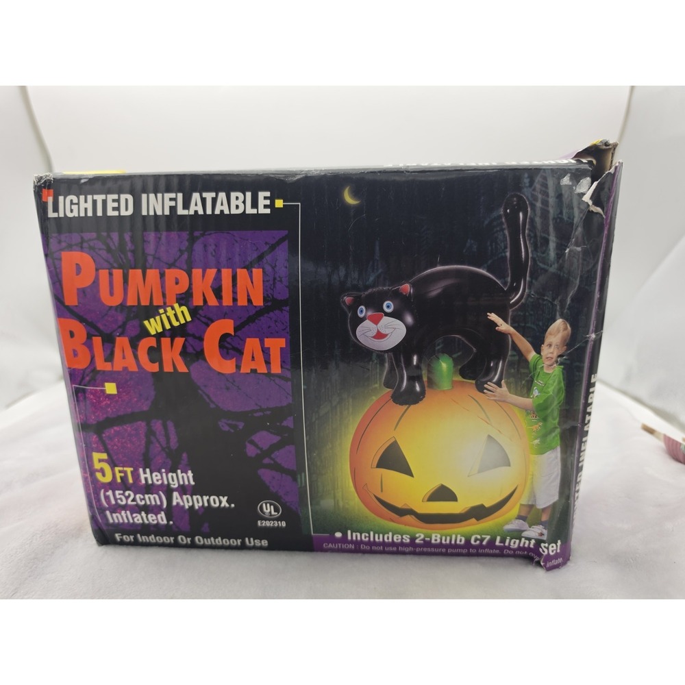 Vtg Nos Lighted Airblown Inflatable Vintage Cat in Jack-o-Lantern 5ft